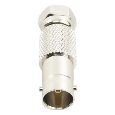 Adaptador en Línea / BNC Hembra a F Macho / 50 Ohm / Cuerpo Níquel / Contacto Oro / 36.5 mm