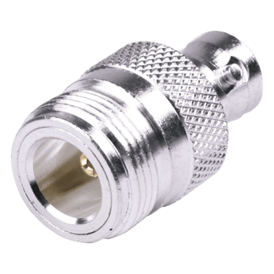 Adaptador Coaxial en Línea / N Hembra a BNC Hembra / Cuerpo Bronce Plateado / Contacto Oro / Aislante Teflón