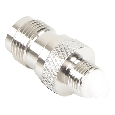 Adaptador RF / TNC Hembra a FME Hembra / Montaje en Línea / Cuerpo Bronce Niquelado / Contacto Oro / Aislante Teflón