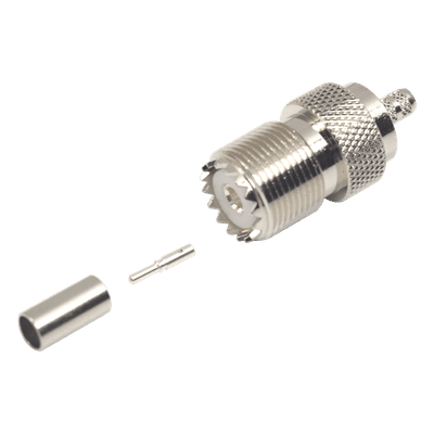 Conector UHF Hembra / SO-239 / Anillo Plegable / Cable RG-58/U y RG-142/U / Níquel y Plata / Delrin