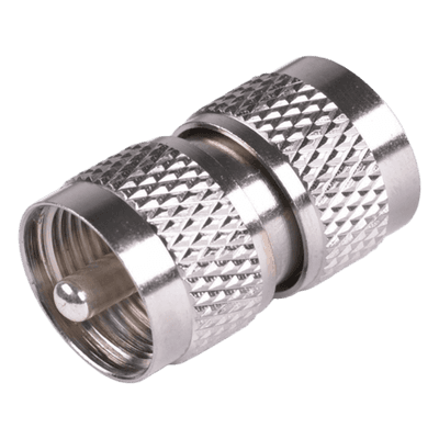 Adaptador RF Coaxial / UHF Macho a UHF Macho / Barril en Línea / Cuerpo Bronce Niquelado / Aislante Teflón