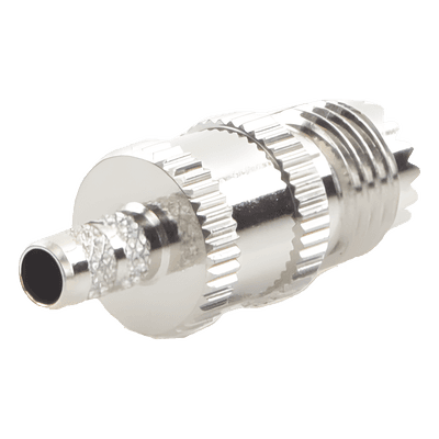 Conector RF Mini UHF Hembra / Anillo Plegable / Cables RG-58/U y RG-142/U / Cuerpo Níquel / Contacto Plata / Aislante Delrin