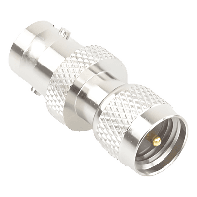 Adaptador de Conector / Mini UHF Macho a BNC Hembra / Montaje en Línea / Cuerpo Bronce Niquelado / Contacto Oro / Aislante Teflón