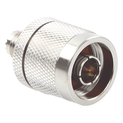 Adaptador Coaxial en Línea / Mini UHF Hembra a N Macho / Cuerpo Bronce Niquelado / Contacto Oro / Aislante Teflón