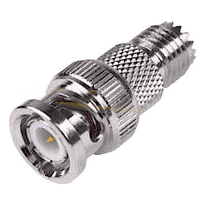 Adaptador de Conector RF / Mini-UHF Hembra a BNC Macho / Montaje en Línea / Impedancia 50Ω / Cuerpo Bronce Niquelado / Contacto Oro 24K / Aislante Teflón