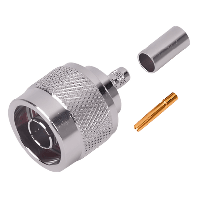 Conector N Macho Inverso / Anillo Plegable / Cuerpo Bronce Niquelado / Contacto Oro / Teflón / RG-58/U, RG-142/U