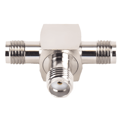 Adaptador RF en T / Triple Conector SMA Hembra / Frecuencia 18 GHz / Cuerpo Bronce Niquelado / Aislante Teflón
