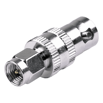 Adaptador RF Coaxial / SMA Macho a BNC Hembra / En Línea / Cuerpo Bronce Niquelado / Contacto Oro / Aislante Teflón