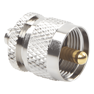 Adaptador RF en Línea / SMA Hembra a UHF Macho (PL-259) / Cuerpo Bronce Niquelado / Contacto Oro / Aislante Teflón