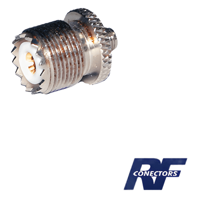 Adaptador RF / Conector SMA Hembra a UHF Hembra (SO-239) / Cuerpo Bronce Niquelado / Contacto Oro / Aislante Teflón / Montaje en Línea