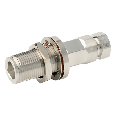 Conector N Hembra de Chasis / Auto-sujetado / FSJ1-50A 1/4" / 50 Ω / DC-6000 MHz / Oro-Plata-Trimetal