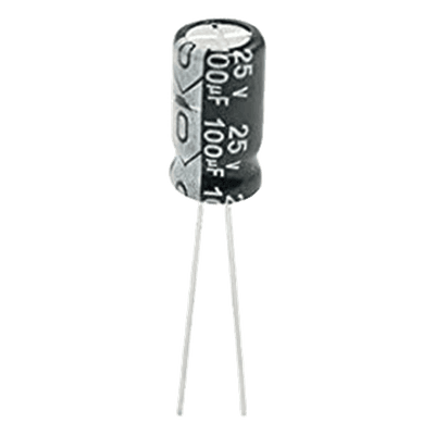 Capacitor Electrolítico Radial / 100 µF / 25 Vcc / 105 °C / 6.3 x 11 mm / Corriente de Rizado 170 mA RMS
