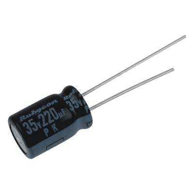 Capacitor Electrolítico Radial / 220 µF / 35 Vcc / 105 °C / 10 x 12.5 mm / Corriente de Rizado 440 mA RMS