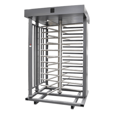 Torniquete de Cuerpo Completo / 4 Ejes de Seguridad / Rotación 90° / Paso 25 Personas/min / Emergencia 40 Personas/min / Interior/Exterior con Techo / 110 VCA / Acero Inoxidable con Pintura Gris