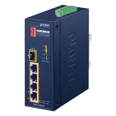 Switch industrial, Temperatura de Operación: -40 a 75ºC, 4 puertos PoE 10/100 + 1 Puerto 100Base-FX