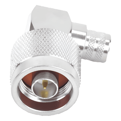 Conector Coaxial N Macho / Ángulo Recto / Anillo Plegable / Cables LMR-400 y Equivalentes / Cuerpo Bronce Plateado / Contacto Oro / Aislante Teflón