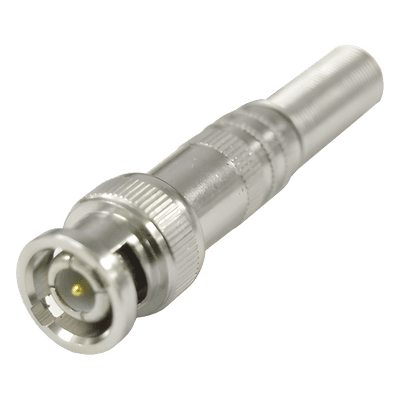 Conector BNC macho de 75 Ohm, con base de resorte para montar a presión cable coaxial RG-59/ Níquel/ Oro/ Teflón.