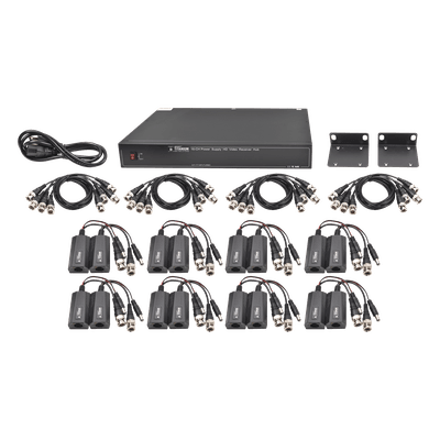 Kit de 16 canales para transmisión de ALIMENTACION (NO SOPORTA COAXITRON)( de 36 Vcc a 12 Vcc) y video (HD-TVI) a distancias de hasta 250 m.