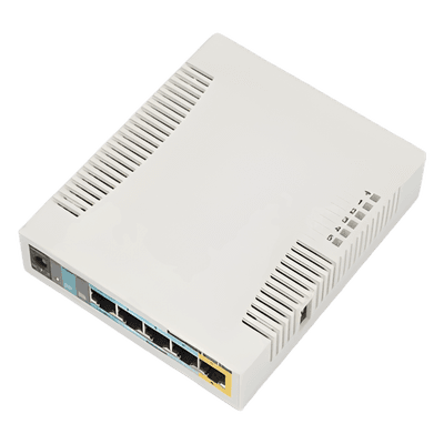 RouterBoard / 5 Puertos Fast Ethernet / WiFi 2.4 GHz 802.11b/g/n / 1000 mW / PoE Pasivo Salida / CPU 600 MHz
