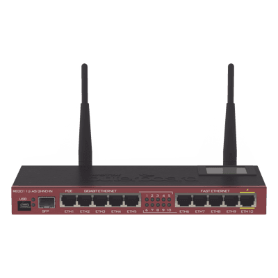 Router Board, 10 Puertos Ethernet, 1 Puerto SFP, Wi-Fi de Gran Cobertura 2.4 GHz Antenas de 4 dBi, hasta 1 Watt de potencia