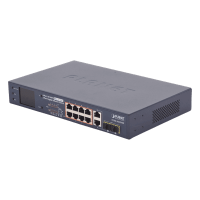 Switch PoE+ / Distancia 250 Metros / 8 Puertos + 2 Combo TP/SFP Gigabit y Pantalla LCD Para Monitoreo