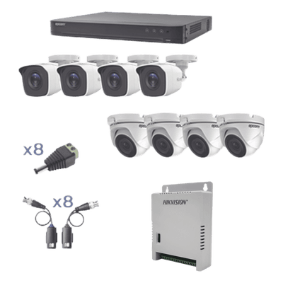 KIT TurboHD 1080p / DVR 8 Canales / 4 Cámaras Bala (exterior 2.8 mm) / 4 Cámaras Eyeball (exterior 2.8 mm) / Transceptores / Conectores / Fuente de Poder Profesional hasta 15 Vcc para Largas Distancias