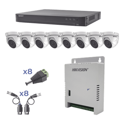 KIT TurboHD 1080p / DVR 8 Canales / 8 Cámaras Eyeball (exterior 2.8 mm) / Transceptores / Conectores / Fuente de Poder Profesional hasta 15 Vcc para Larga Distancia