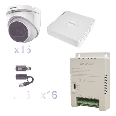 KIT TurboHD 1080p Lite / DVR 16 Canales / 16 Cámaras Eyeball  Exterior ( 2.8mm) / Transceptores / Conectores / Fuente de Poder Profesional