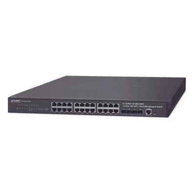 Switch Administrable Capa 3 / 24 Puertos Gigabit Ethernet / 4 Puertos 10G SFP+ / Apilable / 128 Gbps / 10 km Fibra