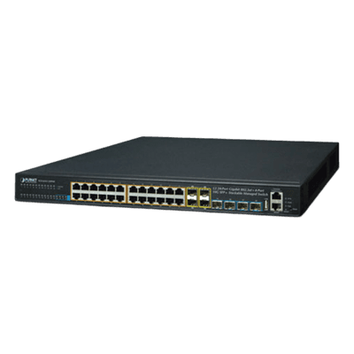 Switch Administrable Stacking Capa 3 / 24 Puertos PoE+ Gigabit / 4 SFP+ 10G / 370W PoE Total / 128 Gbps Throughput