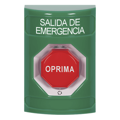 Botón de Salida de Emergencia / Texto en Español / Acción Mantenida / LED de Iluminación / Cubierta Transparente / UL cUL ADA