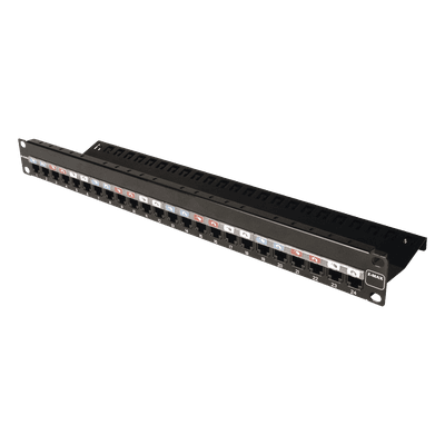 Patch Panel / 24 Puertos / Modular Vacío / Plano / 1UR / Cat 6A Blindado / Acero Negro