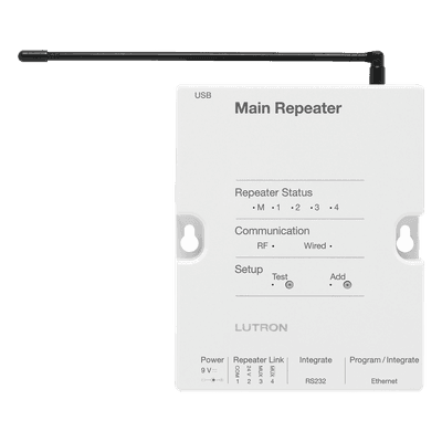 Repetidor principal RadioRA 2 / 434 MHz / alcance RF 9 m (cubre 232 m²) / Ethernet, RS232 y RS485 / reloj astronómico / hasta 100 dispositivos