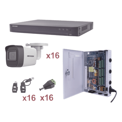 KIT TurboHD 1080p / DVR 16 Canales / 16 Cámaras Bala (exterior 2.8 mm) / Transceptores / Conectores / Fuente de Poder Profesional