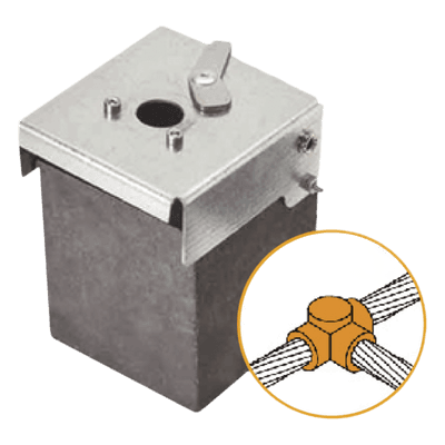Soldadura Exotérmica / Unión T Horizontal / 1/0 AWG (50 mm²) / 50 Soldaduras / Grafito con Tapa Electrogalvanizada