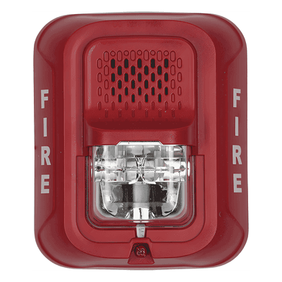 Sirena con estroboscopio / 2 hilos / 12-24 Vcd / candela 15 a 185 seleccionable / rojo con leyenda FIRE / Serie L