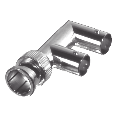 Adaptador Triple en F para 75 Ohm, de Conector BNC Macho a Doble BNC Hembra, Níquel/ Oro/ Delrin.