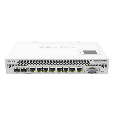 Cloud Core Router, CPU 9 Núcleos,7 Puertos Gigabit, 1 Combo TP/SFP, 1 puerto SFP+, 2 GB memoria y enfriamiento pasivo