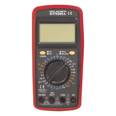Multímetro Digital / 600 V CC/CA CAT II / 1999 Recuentos / LCD 67 x 42 mm / Corriente 10 A / Resistencia 200 MΩ / HFE Transistores