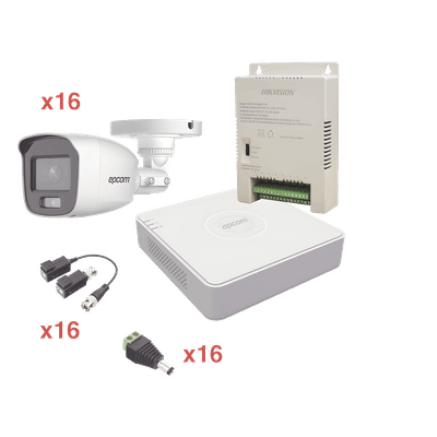Kit TurboHD 1080p Lite / DVR 16 Canales / 16 Cámaras Bala Exterior ( 2.8mm) con ColorVu + Micrófono Integado / Transceptores / Conectores / Fuente de Poder Profesional
