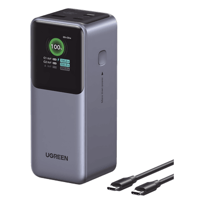 Power Bank de 20000mAh | 3 Salidas 130W Max. | USB-A + 2 USB-C | PD 3.0 | QC3.0 | FCP | SCP | Pantalla Inteligente | Carcasa Ignifuga | Color Gris | Incluye Cable USB de 50cm | Carga tu Laptop de Manera Segura.