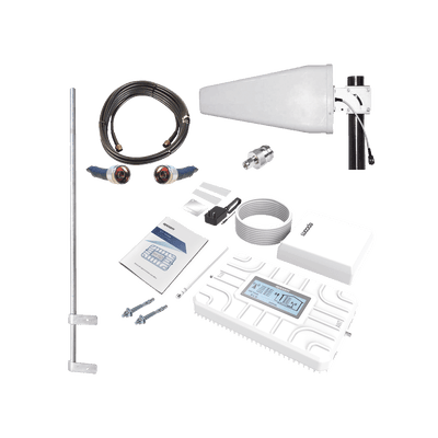 Kit PLUS de Amplificador de Señal Celular 5G / Penta Banda / Soporta 2G, 3G, 4G y 5G / Compatible con TELCEL, AT&T, MOVISTAR y OMV / Cobertura hasta 250 m2 / Incluye Antenas, Jumpers coaxiales y mástil.