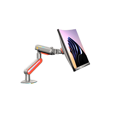 Montaje de Escritorio Ideal Para Monitores Gaming  de  32"- 60" / Capacidad de Carga Maxima 20 Kg / Vesa 75 x 75 -  100 x 100 / Acero / Giro 360° / Color Carbon Mate  con Cubierta  Plastica Color Rojo /  Iluminación RGB