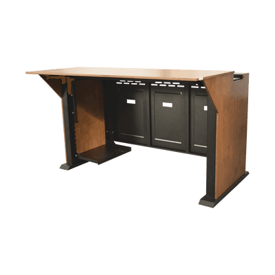 Consola Profesional para Monitoreo | Con Porta PC | Con Tomacorriente | Tapas Removibles | Color Negro y Nogal con Veta | Lamina de Acero Rolado Calibre 18 | Pintura en Polvo Electrostática.