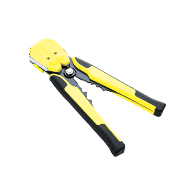 Pinza multifuncional Pelacables, con terminal de pestaña, prensado automático de color amarillo.