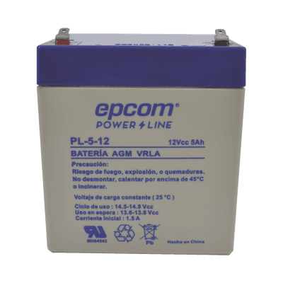Batería 12 Vcc / 5 Ah / UL / Tecnología AGM-VRLA / Para uso en equipo electrónico Alarmas de intrusión / Incendio/ Control de acceso / Video Vigilancia / Terminales F1 / Cargador recomendado CHR-80.