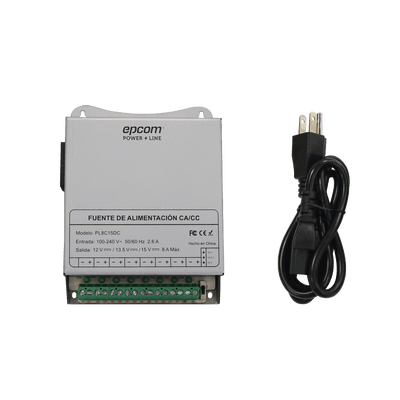 Fuente de Poder Metálica / Para 8 Cámaras / Ajustables a 12 o 13.5 o 15 Vcc / 8 Amperes / Instalación en Pared.
