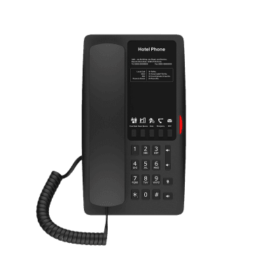 Teléfono IP WI-FI para Hotelería, Puerto USB-A para carga, 5 teclas programables para servicio rápido (Hotline), plantilla personalizable con PoE