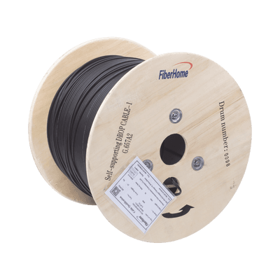 Carrete de 1 km de Fibra Óptica Aérea Mini Figura 8 G.657A2 Tipo Drop, Monomodo de 1 Hilo (Unifibra), Color Negro, Span 80