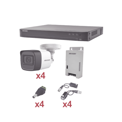 KIT TurboHD 1080p / DVR 4 Canales / 4 Cámaras Bala (exterior 2.8 mm) / Transceptores / Conectores / Fuente de Poder Profesional
